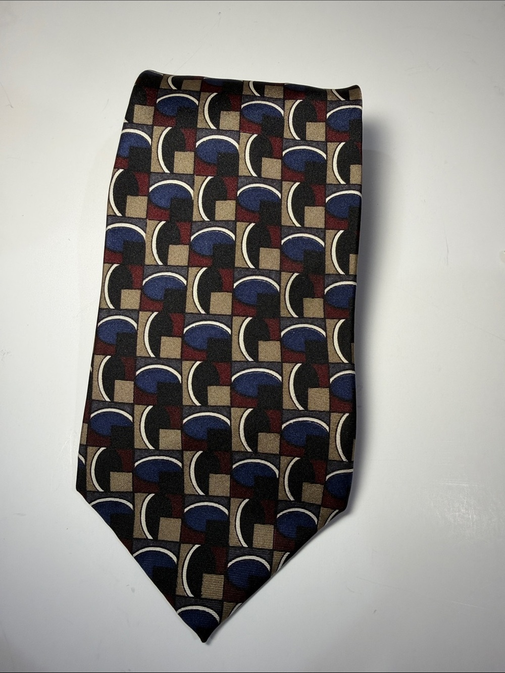 Vintage Albert Nipon Men's Blue and Brown 100% Silk Geometric Pattern Tie